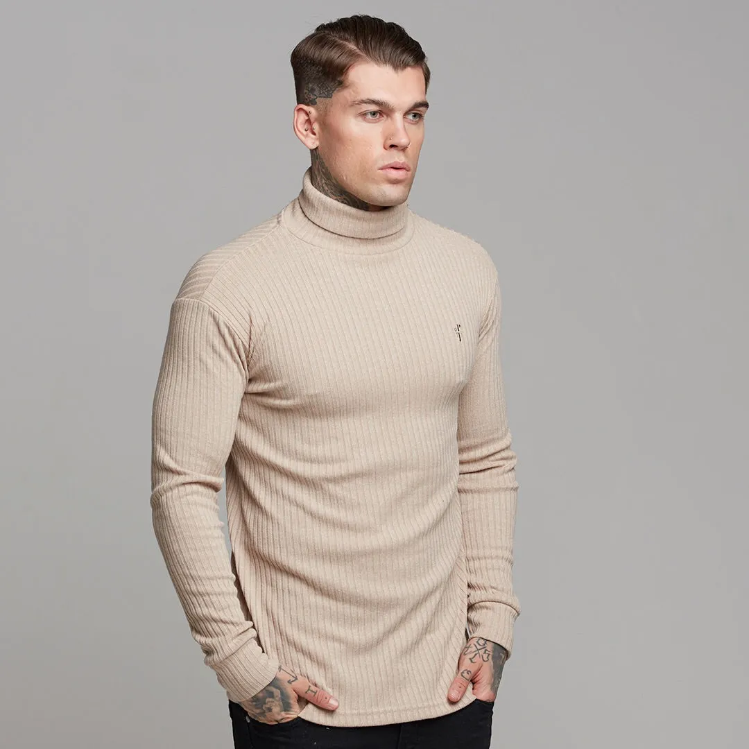 Father Sons Classic Beige Ribbed Knit Roll-neck Sweater - FSH292