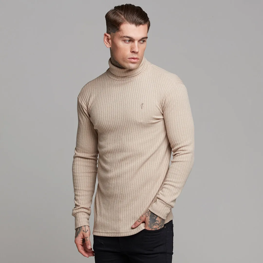 Father Sons Classic Beige Ribbed Knit Roll-neck Sweater - FSH292