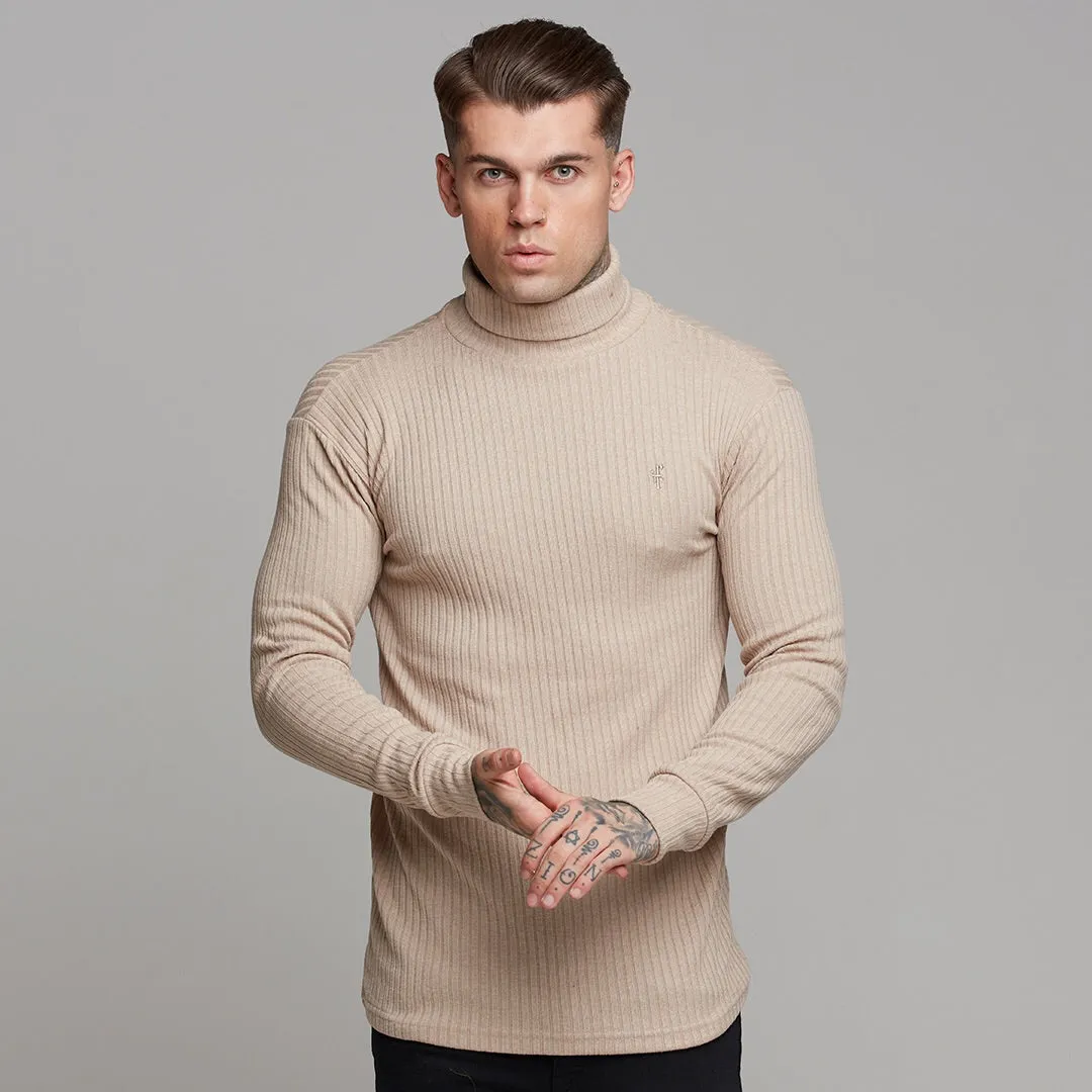 Father Sons Classic Beige Ribbed Knit Roll-neck Sweater - FSH292
