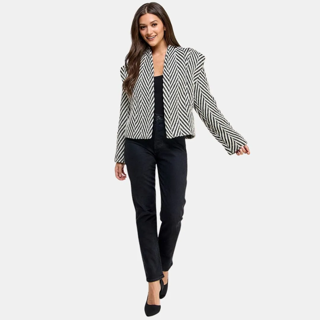 Herringbone Stand Collar Woven Blazer (Black   White)