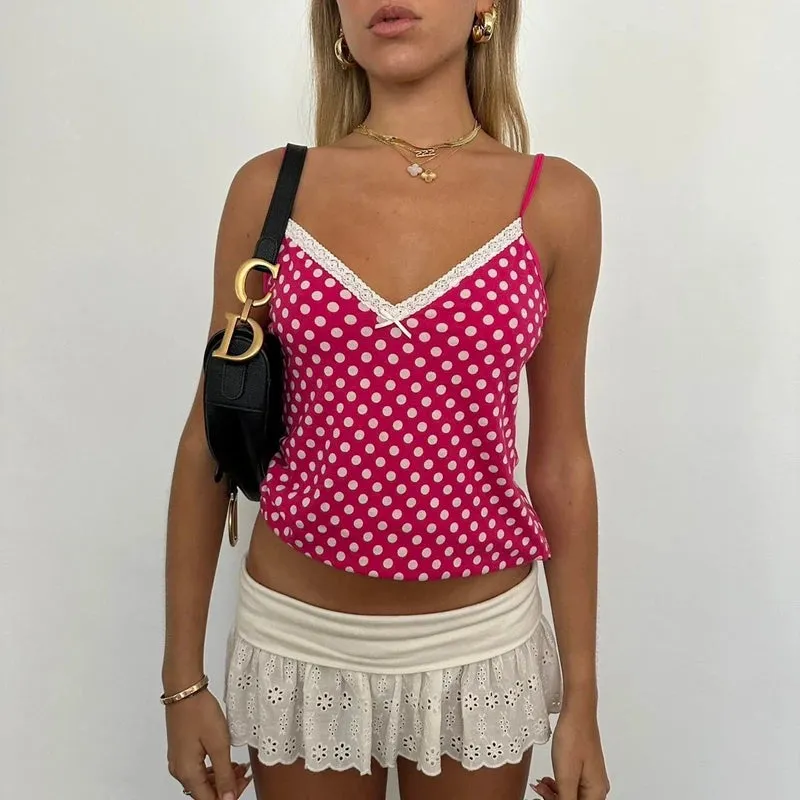 Pink Cami Top with Polka Dots & Lace