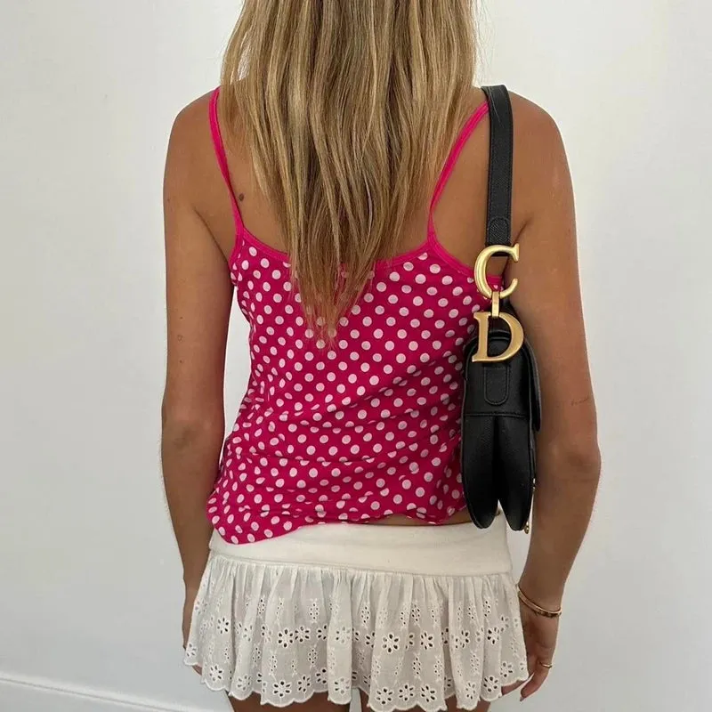 Pink Cami Top with Polka Dots & Lace