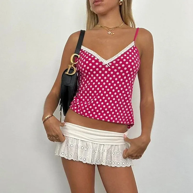Pink Cami Top with Polka Dots & Lace
