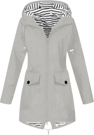 Women's Hooded Rain Jacket Lightweight Windbreaker with Drawstring Waist and Striped Light Rain Jacket Women