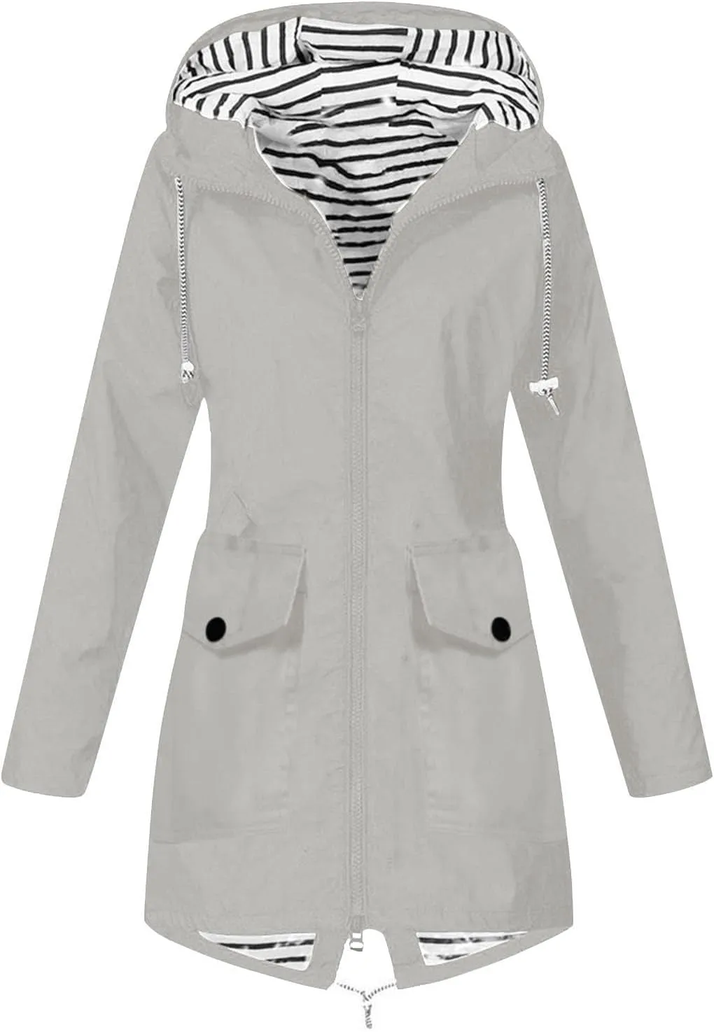 Women's Hooded Rain Jacket Lightweight Windbreaker with Drawstring Waist and Striped Light Rain Jacket Women
